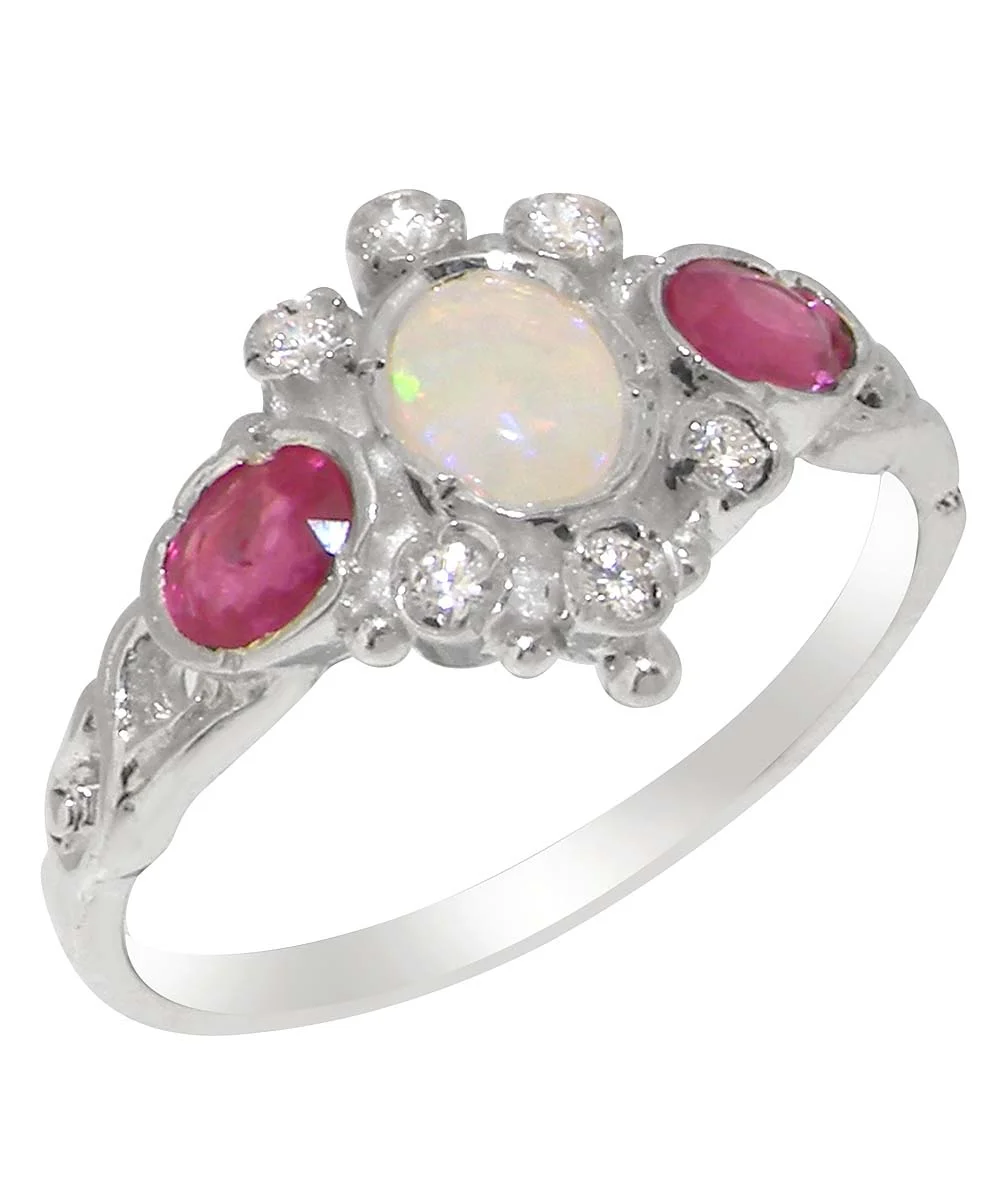 LBG English Made 9k White Gold Natural Opal Ruby Diamond Womens Anniversary Ring - Size 4.75