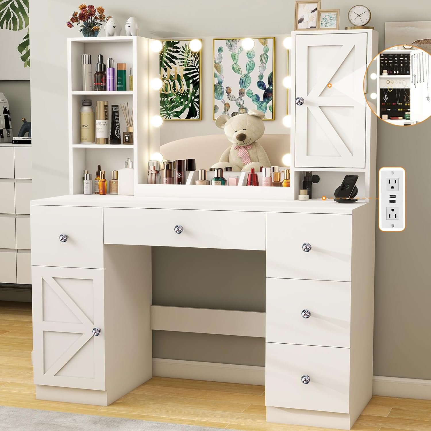 45" Makeup Vanity Desk with Lighted Mirror & Jewelry Cabinet, Big Vanity with 3 Storage Shelves, 5 Drawers, 3 Cubbies