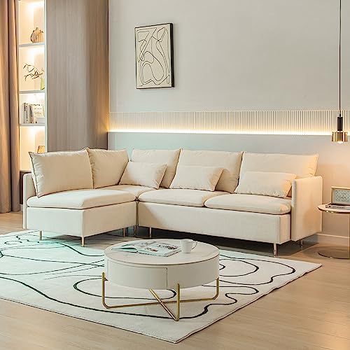 90.9 in L-Shaped Sectional Sofa, Cotton Linen 3-Seater Modular Modern Sofa Corner Couch with 3 Throw Pillows for Living Room, Bedroom