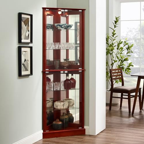 Henf 72" Tall Corner Cabinet with LED Light, Lighted Glass Display Curio Cabinet with Glass Doors, Adjustable Shelves and Mirrored Back Panel