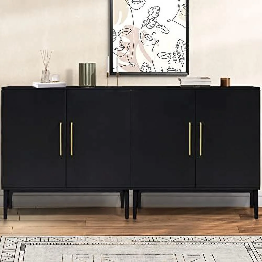 TJUNBOLIFE Set of 2 Black Side  Cabinet  Free Standing Cabinets  Wood Accent Cabinet with Doors  Black Sideboard for Bedroom  Kitchen Home Office