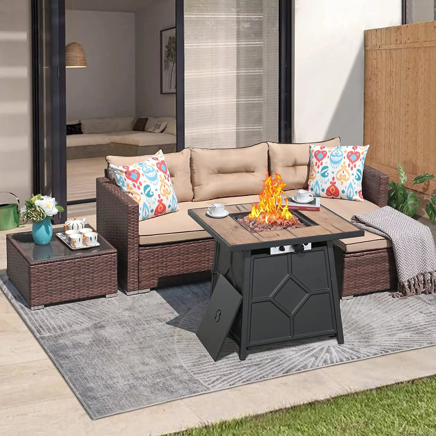 Patio Furniture Set with 28" Fire Pit Table, 4 Piece Outdoor Small Sectional Sofa Wicker Conversation Set with Tempered Glass Coffee Table, 40