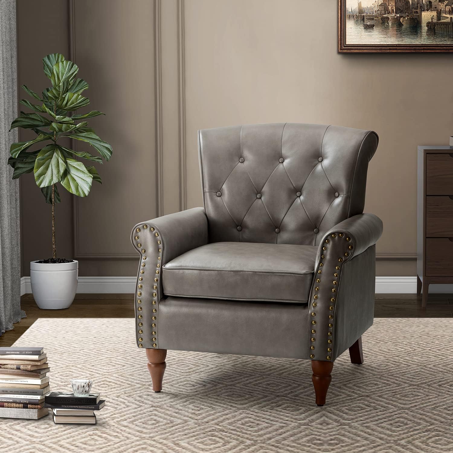 Faux Leather Accent Chair -Century Living Room Armchair With Solid Wood Legs Padded PU Leather Arm Chair Button Tufted Back Sofa Chair For Living