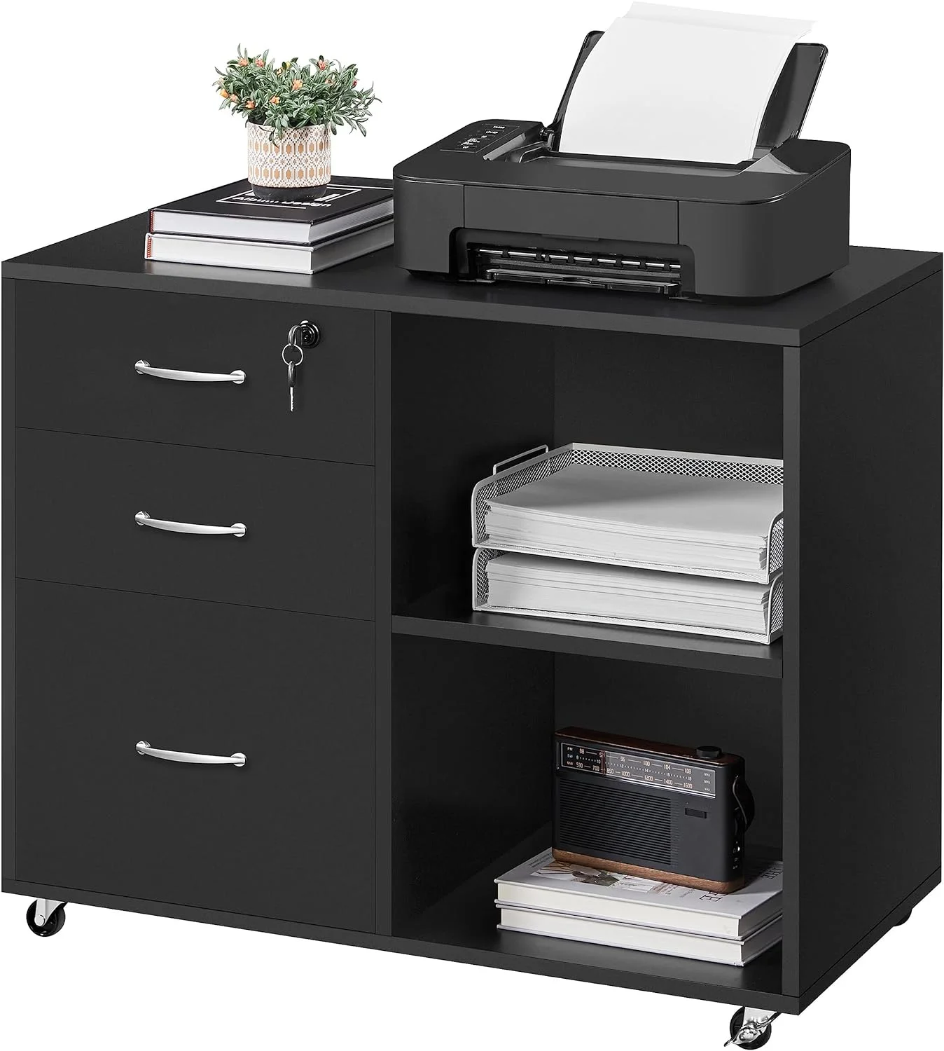 Black File Cabinet with Lock for Letter, A4 Size,3 Drawer Lateral Filing Cabinet Printer Stand with Open Storage Compartments