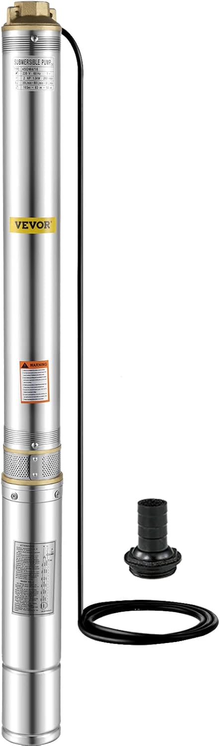 VEVOR Deep Well Submersible Pump, 1.5 hp 220V 50 Hz, Stainless Steel w/5 FT Cable Wire, 1.25" Water Outlet
