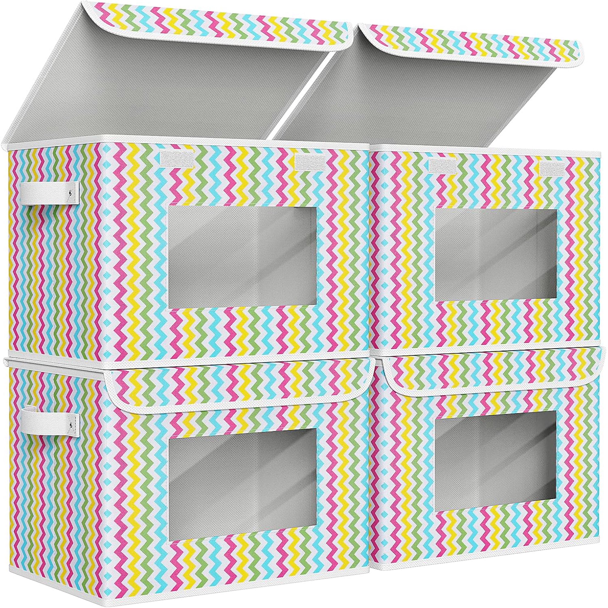 Fabric Foldable Storage Boxes [4-Pack] Large Collapsible Stackable Storage Bins with Lids, Closet Organizers and Storage Cube Basket for Home, Office