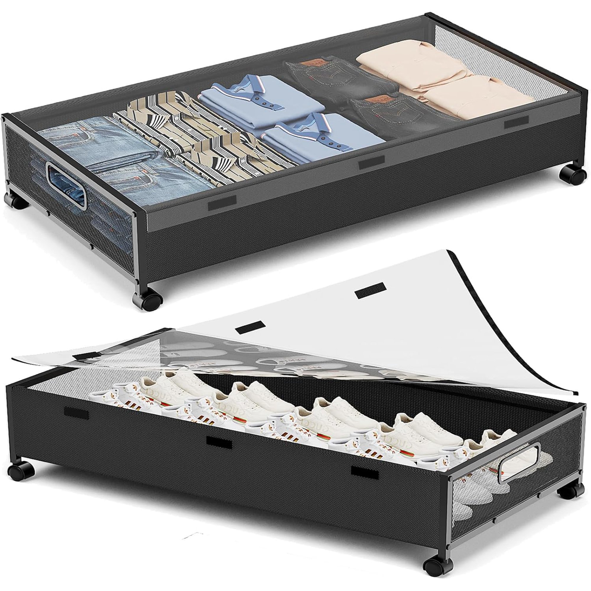 Under Bed Storage with Wheels,2 Pack Under Bed Shoe Storage, Under the Bed Storage Drawers with Remove Window