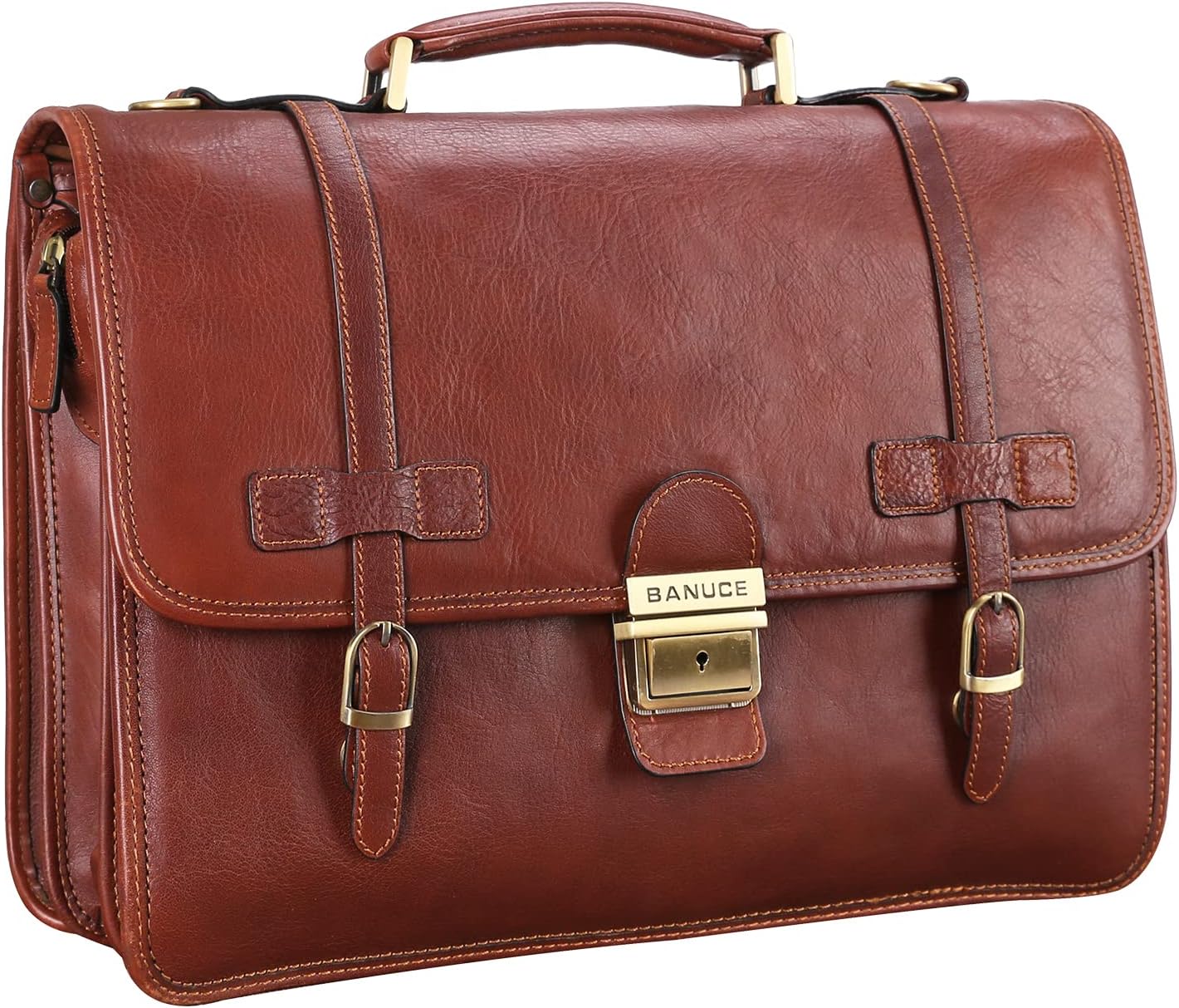 Banuce Vintage Genuine Full Grain Italian Leather Briefcase for Men with Lock 14 Inch Laptop Bag Professional Business Work Bag Attache Case with