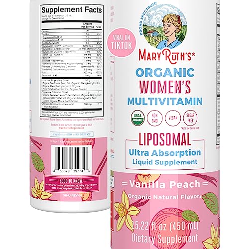 MaryRuth's | USDA Organic Liquid Multivitamins for Women | Liposomal Womens Multivitamin for Immune Support | Vanilla Peach | Sugar-Free