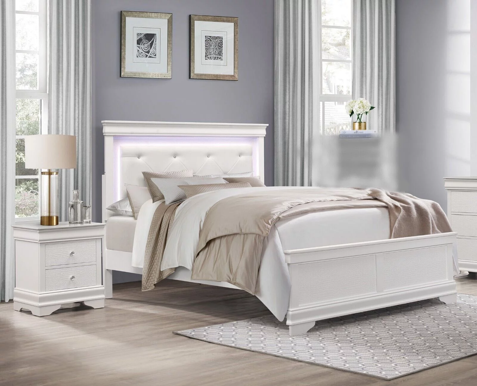 Glamorous Style White Finish Full Size Bed Tufted LED Lighting Headboard and Nightstands Textural Panels Modern Bedroom 3pc Set