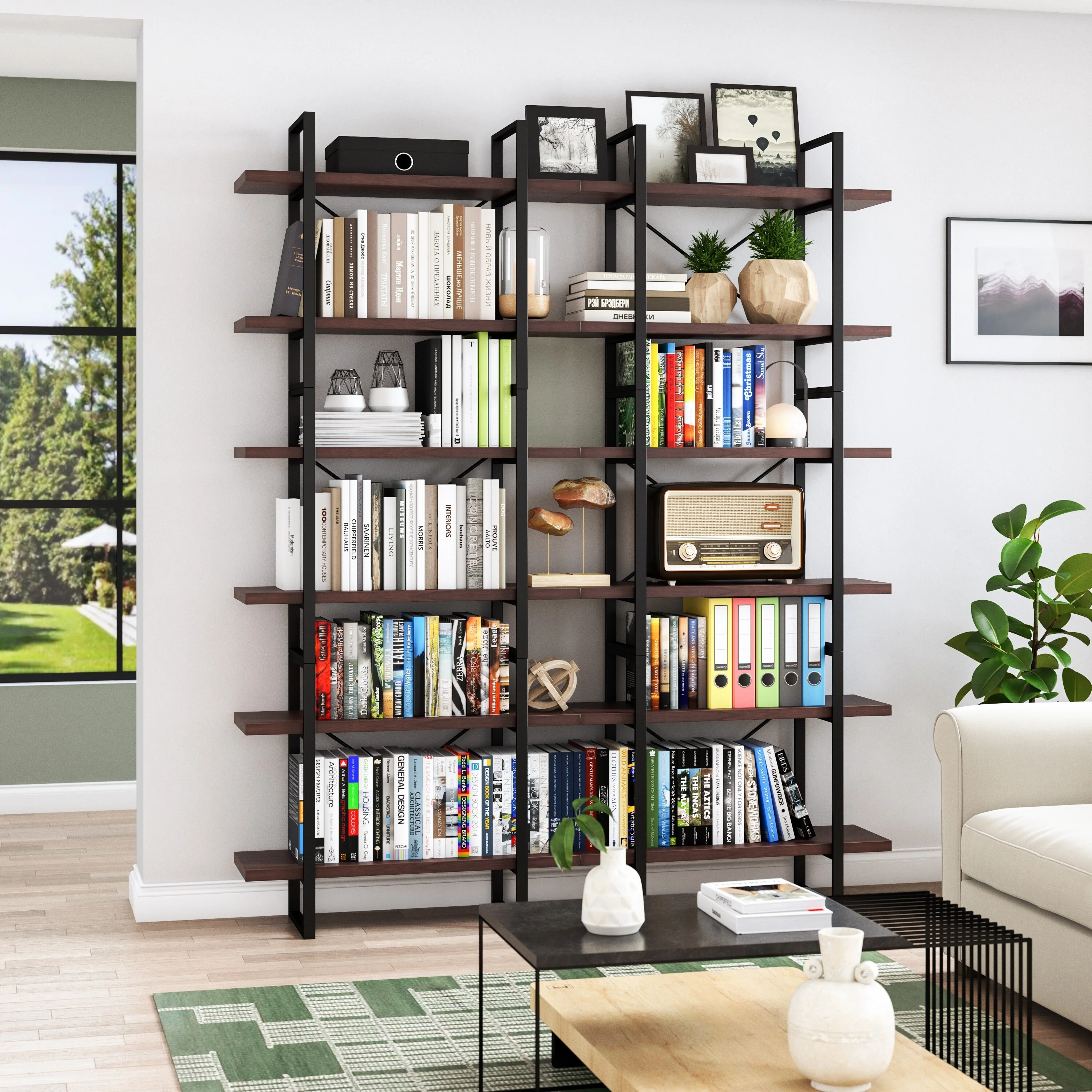 Davee Dark Walnut Color Room 6-Tiers Divider Bookcase - 85" H x 70" W x 12.6" D