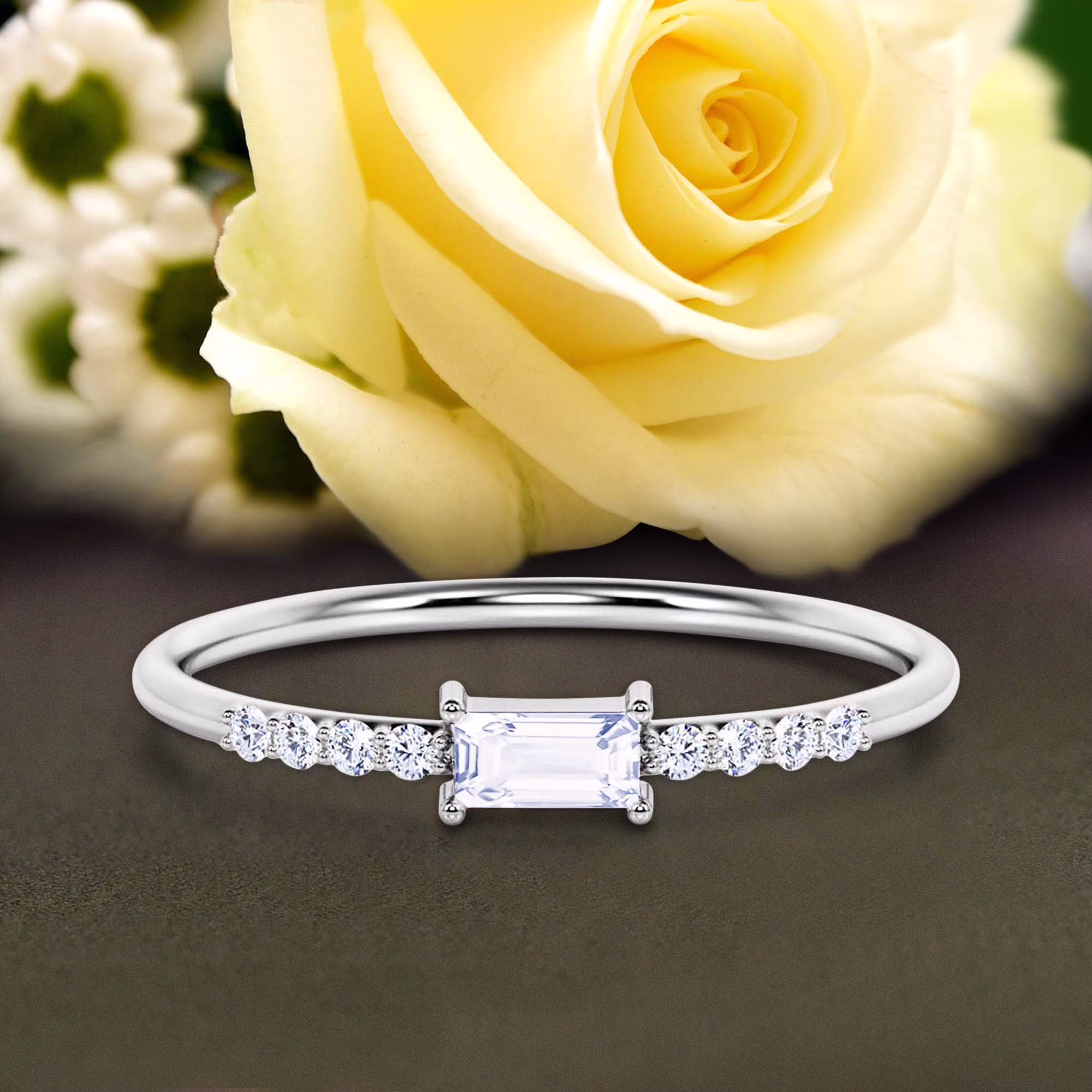 Art Deco Minimalist 0.75 Carat Emerald Cut Diamond Moissanite Engagement Ring, Wedding Ring in 10k Solid White Gold, Gift For Her, Promise Ring