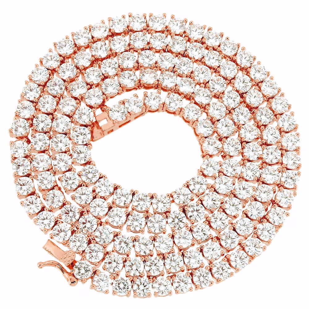 Real Genuine Solid Sterling Silver High Quality AAA+ Grade 12.65 Ct. Lab Simulated Diamond 14K Rose Gold On 4mm 1 Row Tennis Chain Necklace 18"