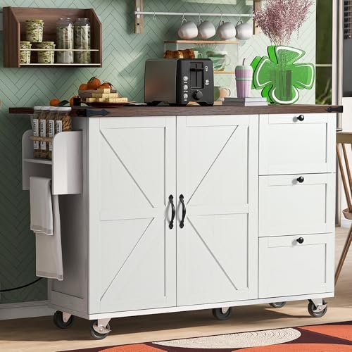 Amposei Farmhouse Rolling Kitchen Cart Island with Power Outlet & Drop Leaf, Wooden Mobile Storage Island on Wheels with Drawers, Spice Rack