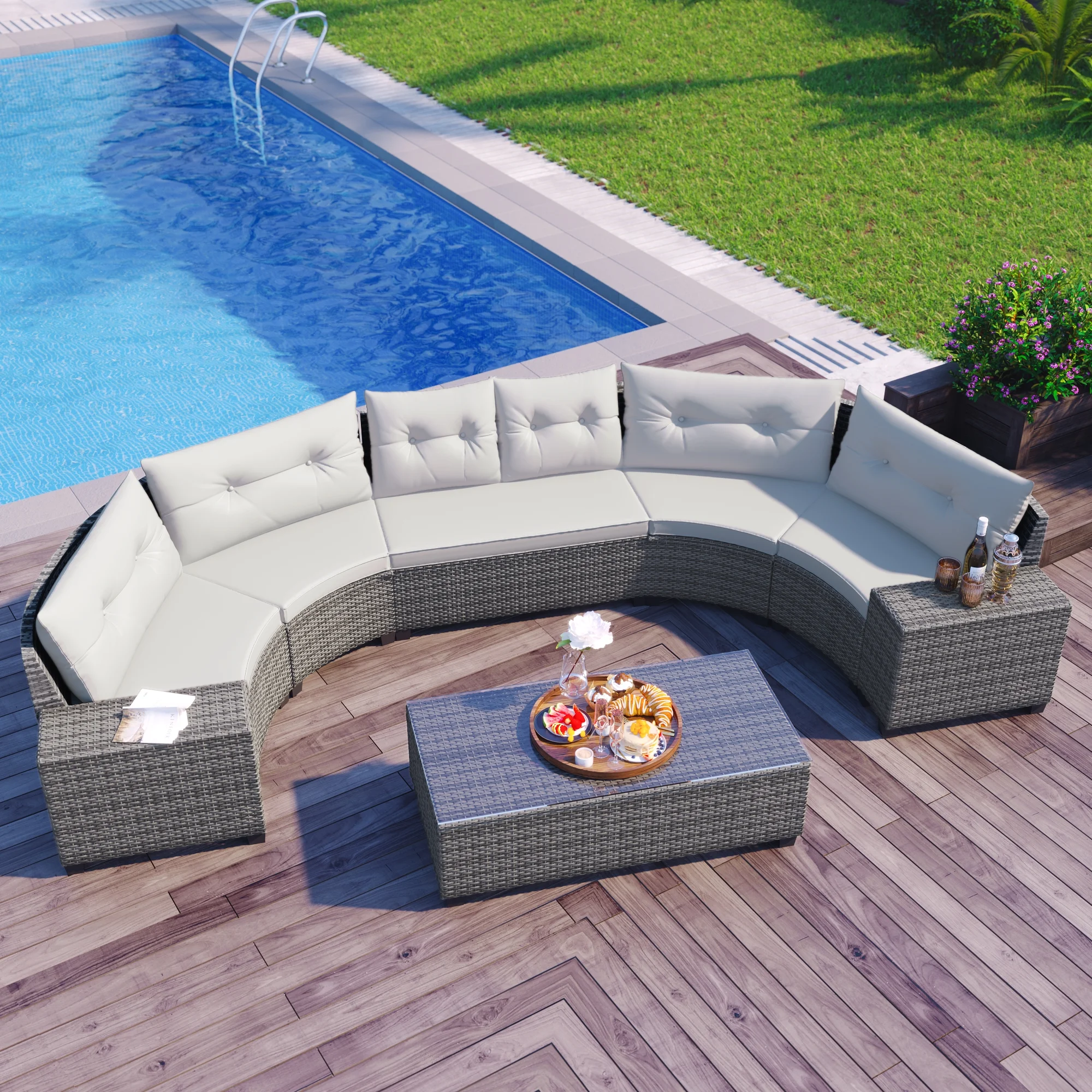 EUROCO 8 Piece Rattan Sectional Sofa Set,Curved  Outdoor Conversation Set,All-Weather Wicker with Removable Cushions & Coffee Table