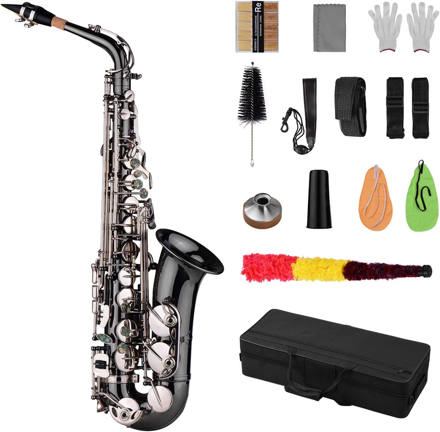 Btuty Eb E-flat Alto Saxophone Professional Brass Bend Sax Black Nickel Plating Abalone Shell Keys with Carrying Case Gloves Cleaning Cloth Straps