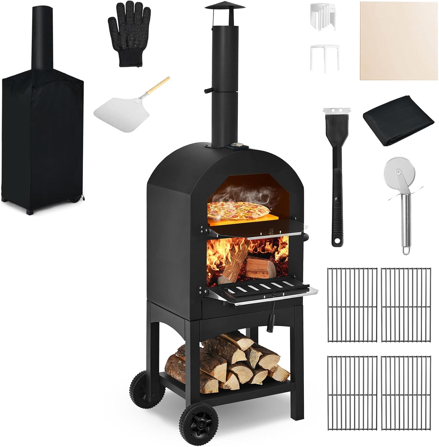 COSTWAY Outdoor Pizza Oven, Wood Fired Pizza Oven for Outside, Patio Pizza Grill with Pizza Stone, Pizza Peel