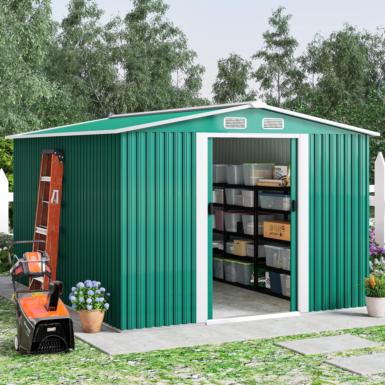 8' x 8' Outdoor Metal Storage Shed, Metal Shed & Outdoor Storage with Sliding Door, Tools Storage Shed, Steel Garden Shed