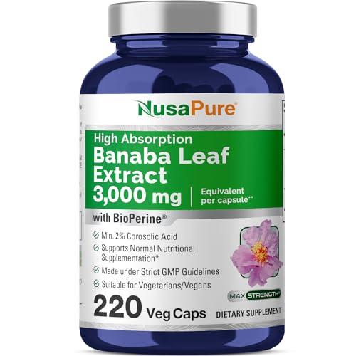NusaPure Banaba Leaf Extract 3,000mg 220 Vegetarian Caps (Non-GMO, Gluten Free) 2% Corosolic Acid, Bioperine - Kansas Nuitrition - HNZSDS
