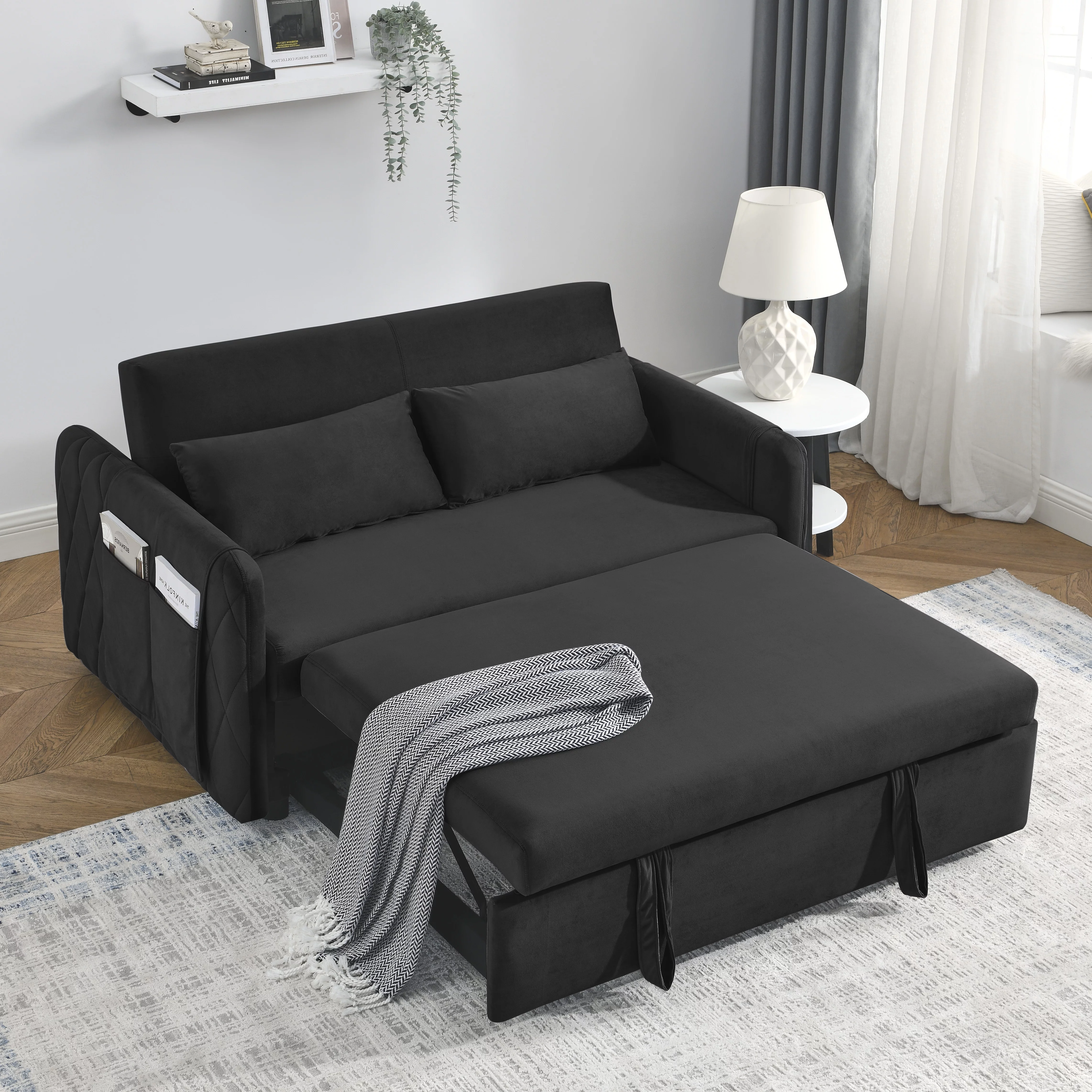 Crtynell 55" Modern Convertible Sofa Bed with 2 Detachable Arm Pockets, Velvet Loveseat Sofa with Pull Out Bed