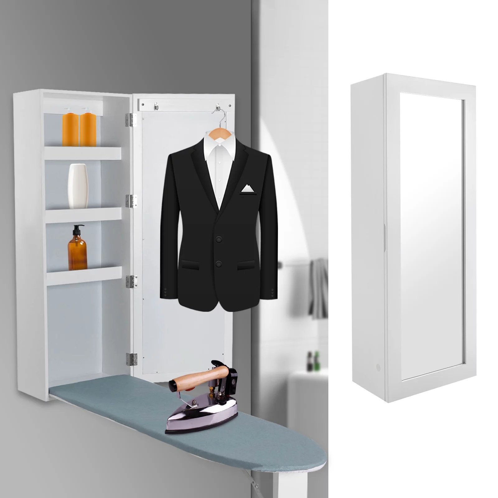 Miumaeov Wall Mounted Ironing Board with Storage Cabinet, Built in Ironing Board & Folding Support Leg, Wall-Mounted Mirrors for Home