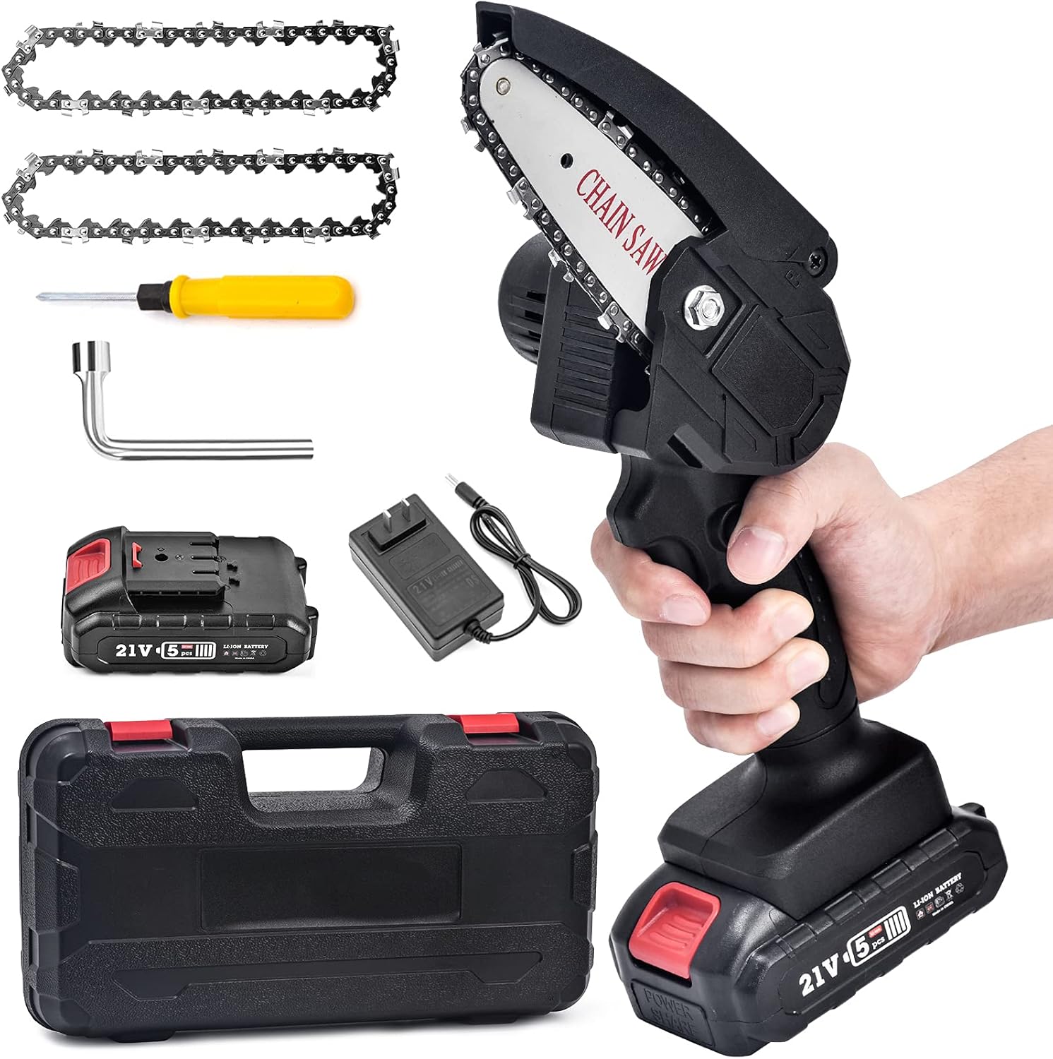 Mini Chainsaw with charger, 2 Batteries, 2Pcs Chains & Tool Case, Cordless Electric Portable Chainsaw Battery Operated