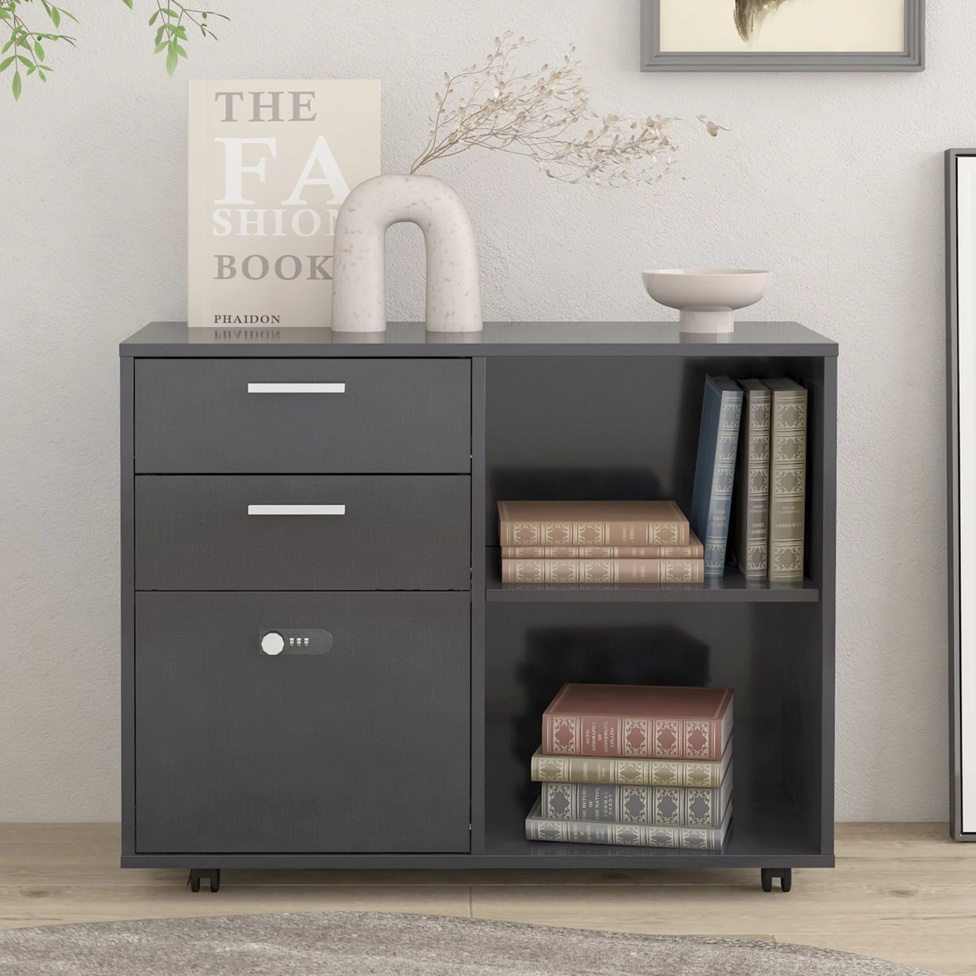Drawer Wood File Cabinet with coded Lock, Mobile Lateral Filing Cabinet, Printer Stand with Open Storage Shelves for Home Office