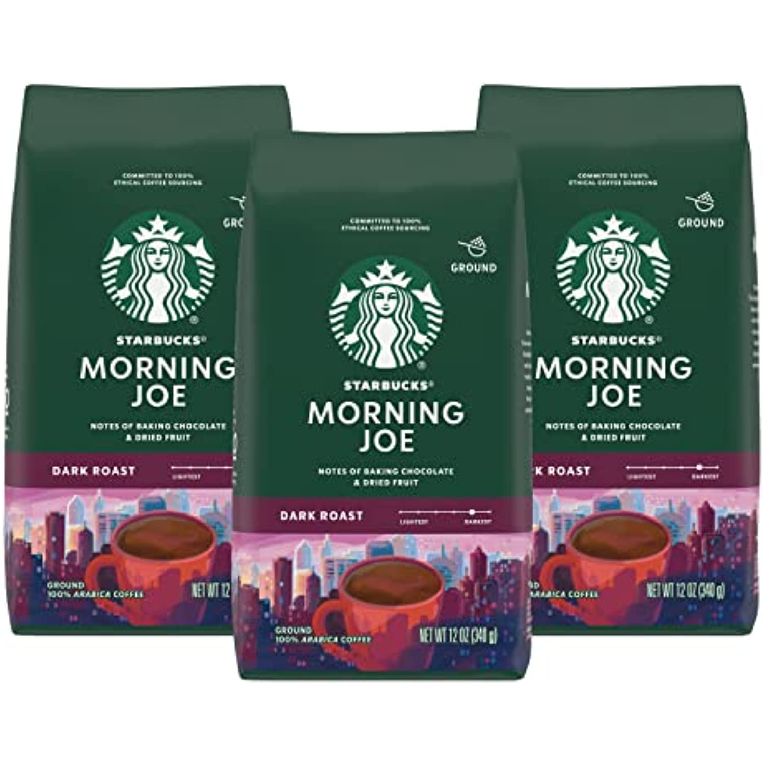 Starbucks Ground Coffee, Morning Joe, Dark Roast Coffee, Notes Of Baking Chocolate & Dried Fruit, Ground 100% Arabica Coffee, 12-Ounce Bag (Pack Of 3)