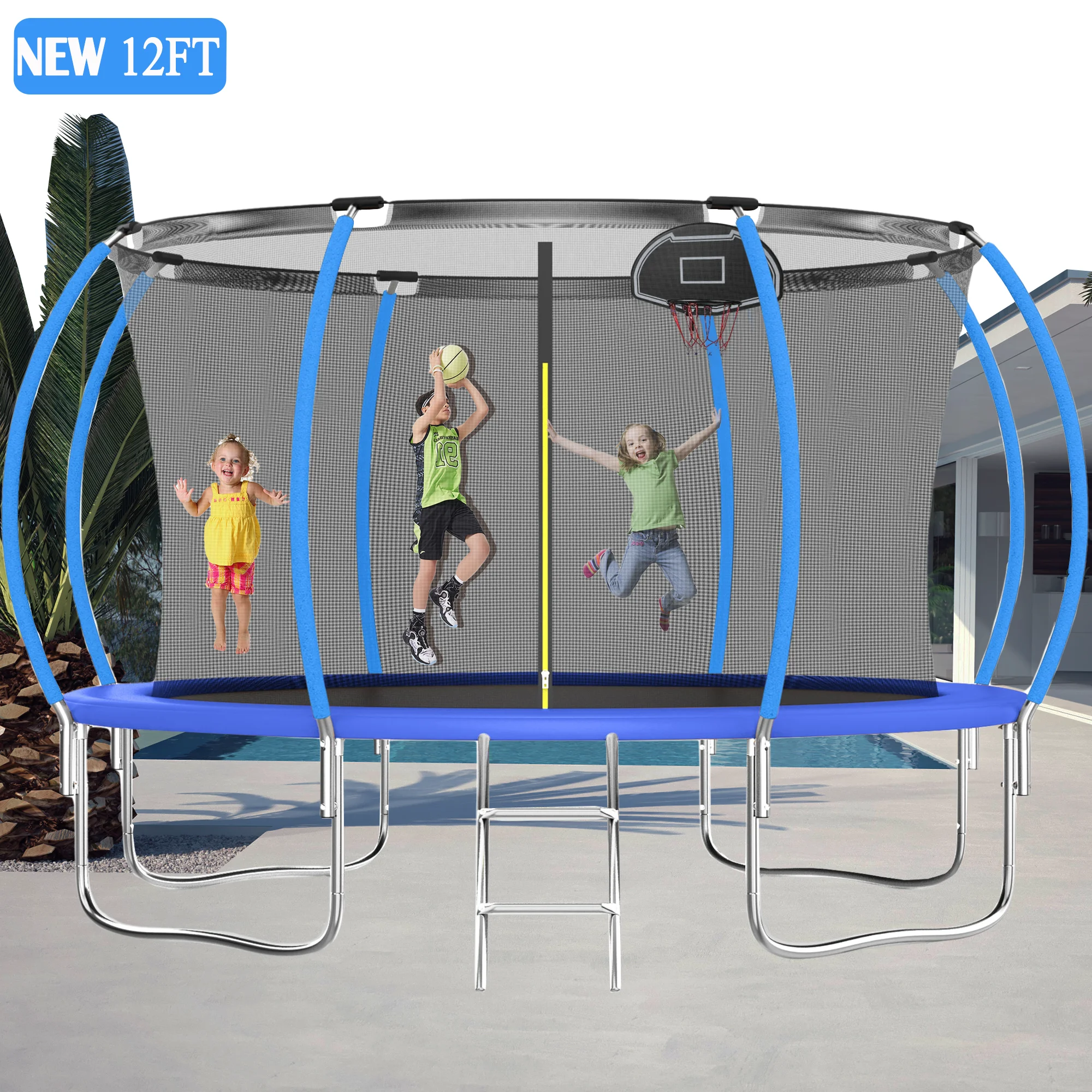 Kids Trampoline with Hoop ON SALES, Seizeen 12FT  Pumpkin Trampoline for Outdoor All-Weather Trampoline W/ Enclosure Net & Anti-collision Curved Pole
