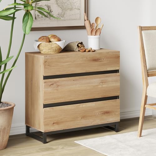 WAMPAT Modern Buffet Sideboards, Sideboard Buffet Cabinet with 3 Drawers and Metal Base, Coffee Bar Storage Cabinet for Kitchen