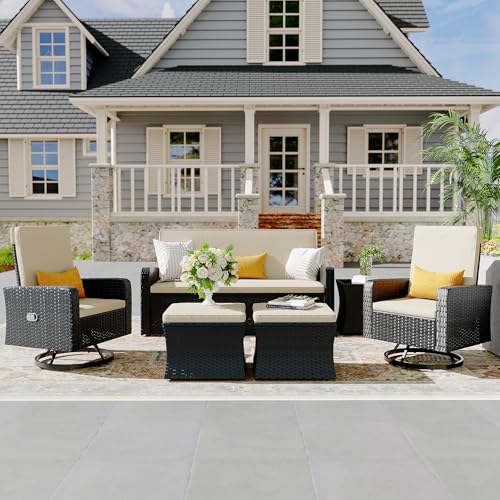 6 Piece Patio Furniture Set, Wicker Patio Conversation Sets with Swivel & Recline Chairs, Outdoor Sectional Sofa Sets with 2 Storage Ottoman