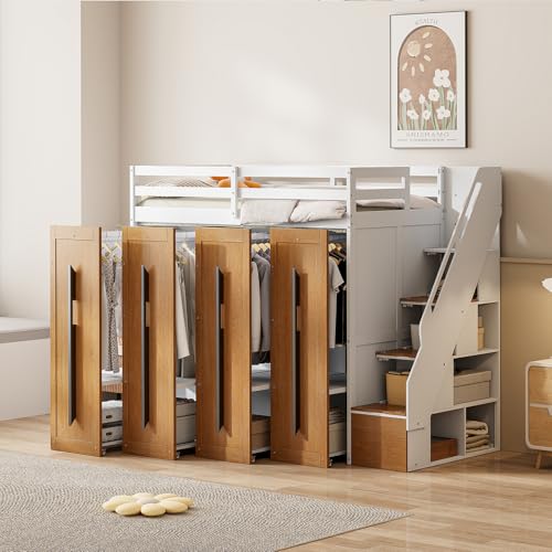 Wooden Twin Size Loft Bed with Two-Tone Stairs Storage