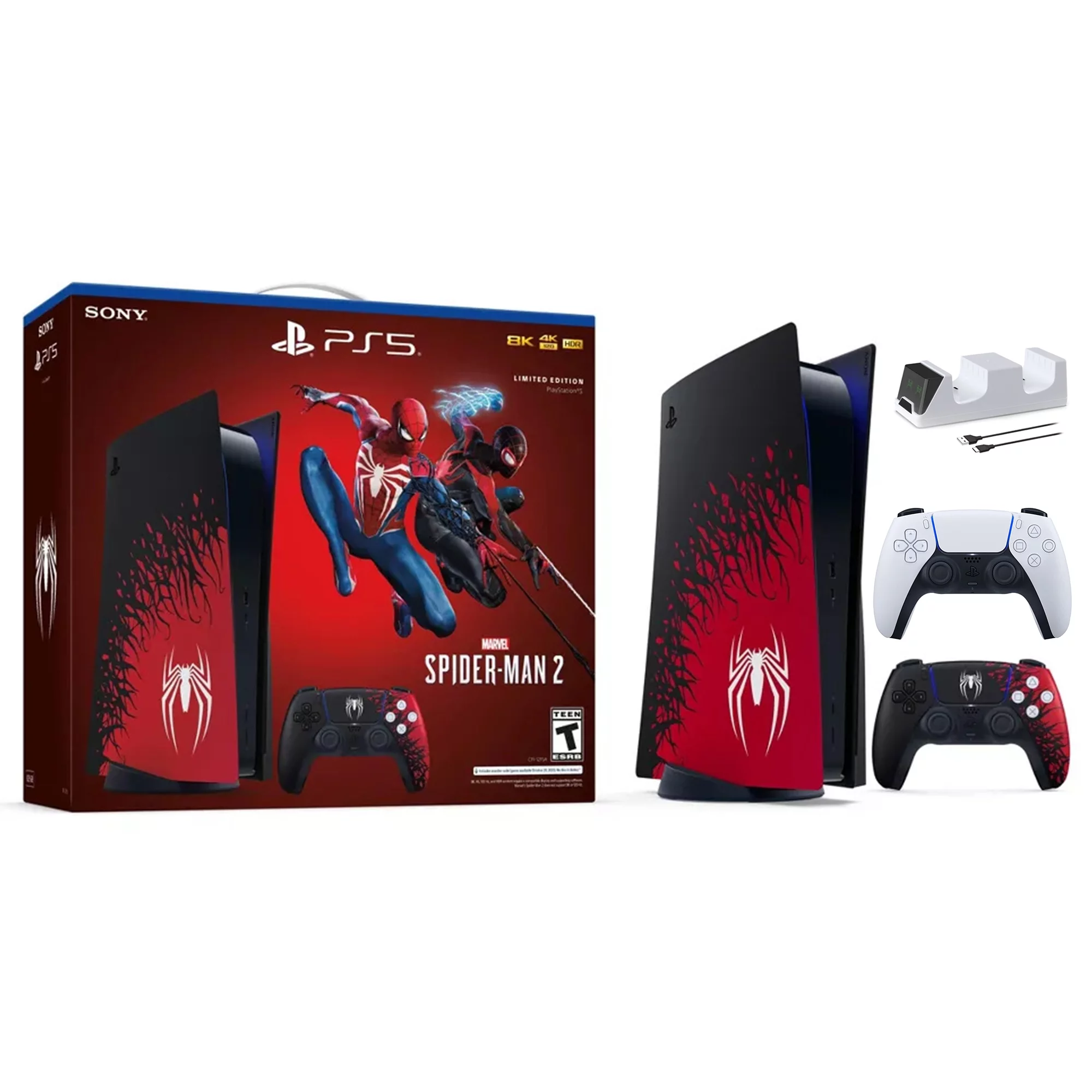 PlayStation 5 Disc Edition Marvel's Spider-Man 2 Limited Bundle with Two Controllers Spider-Man and White Dualsense and Mytrix Dual Controller