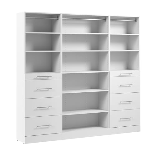 Bestar 85W x 16D Modular Closet Organizer System, Reach-in or Walk-in Closet with Shelves and Drawers, Slab Style, Florence Collection, White
