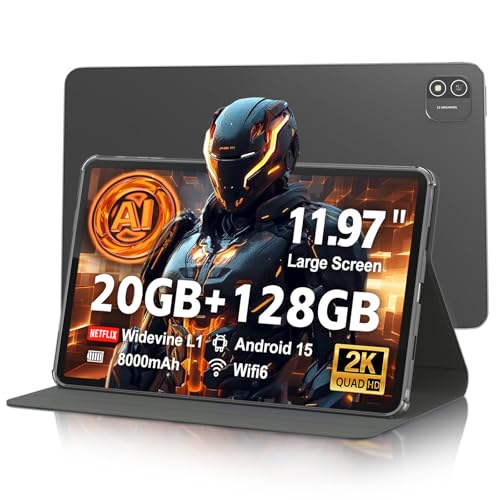 Android 15 Tablet 12 inch, AI Tablet 2K Display, Tablets with Case & 20W PD Charger, 20GB RAM 128GB RAM 1TB Expand, 8000 mAh