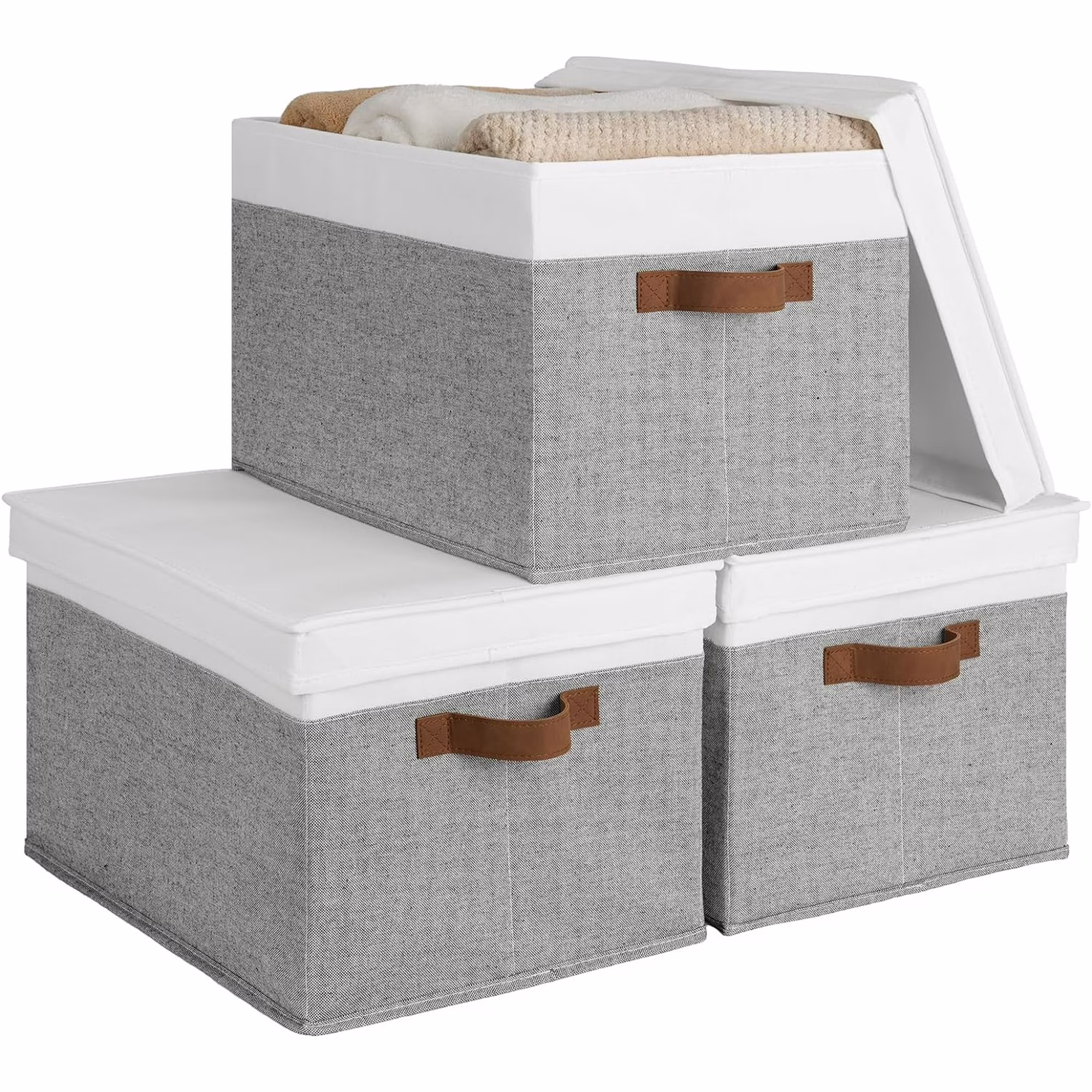 Storage Bins with Lids, Decorative Storage Boxes with Lid and PU Handles, Foldable Storage Baskets for Closet, Shelves, Stackable, Grey and White