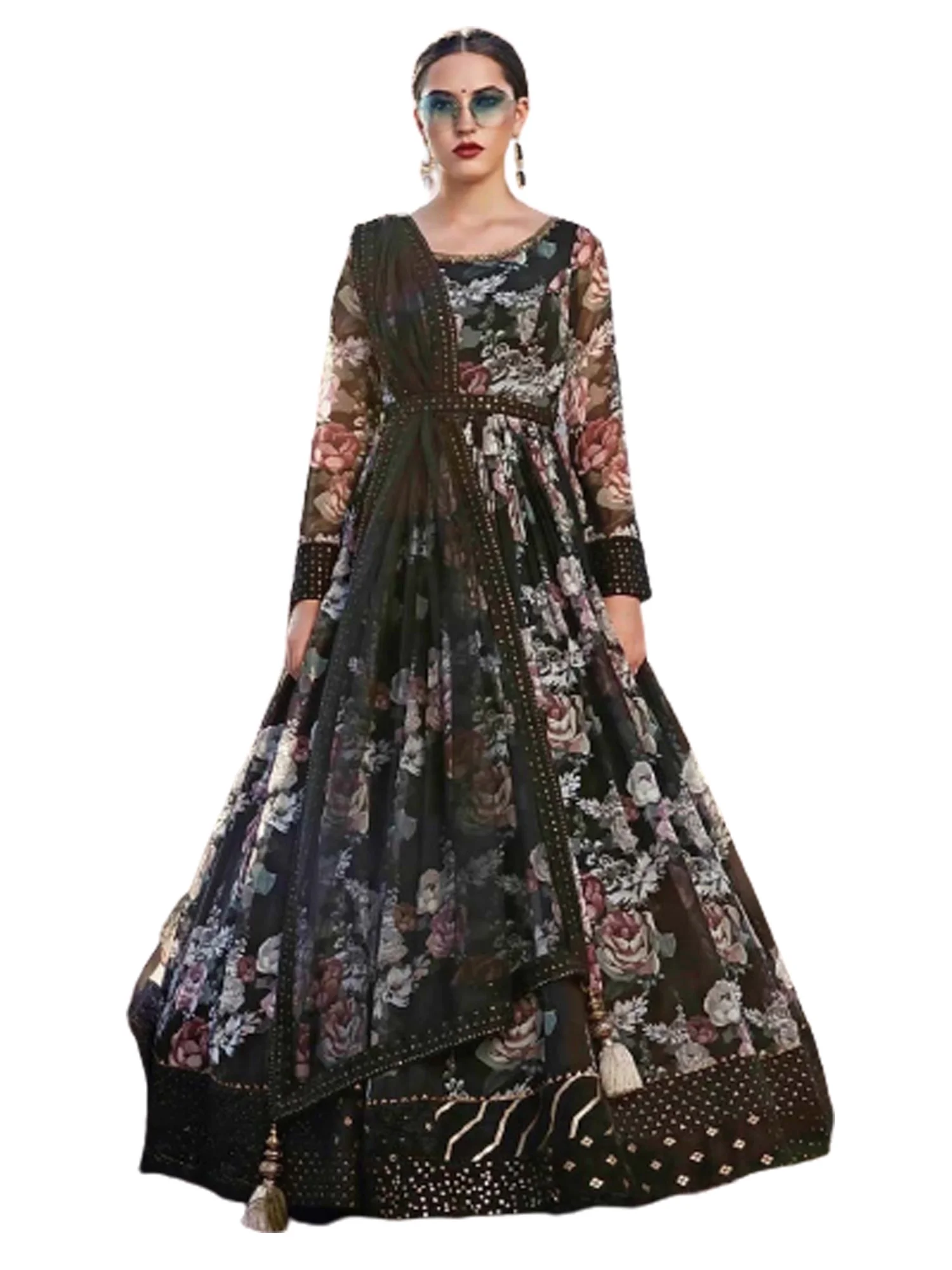 Black floral Printed Indian wedding Flared Long Anarkali Muslim Dress