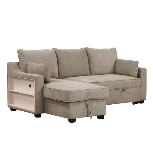 90" Pull Out Sleeper Sofa for Living Room, L-Shaped Couch Convertible Sofa Bed with Storage Chaise, Storage Racks and USB Ports
