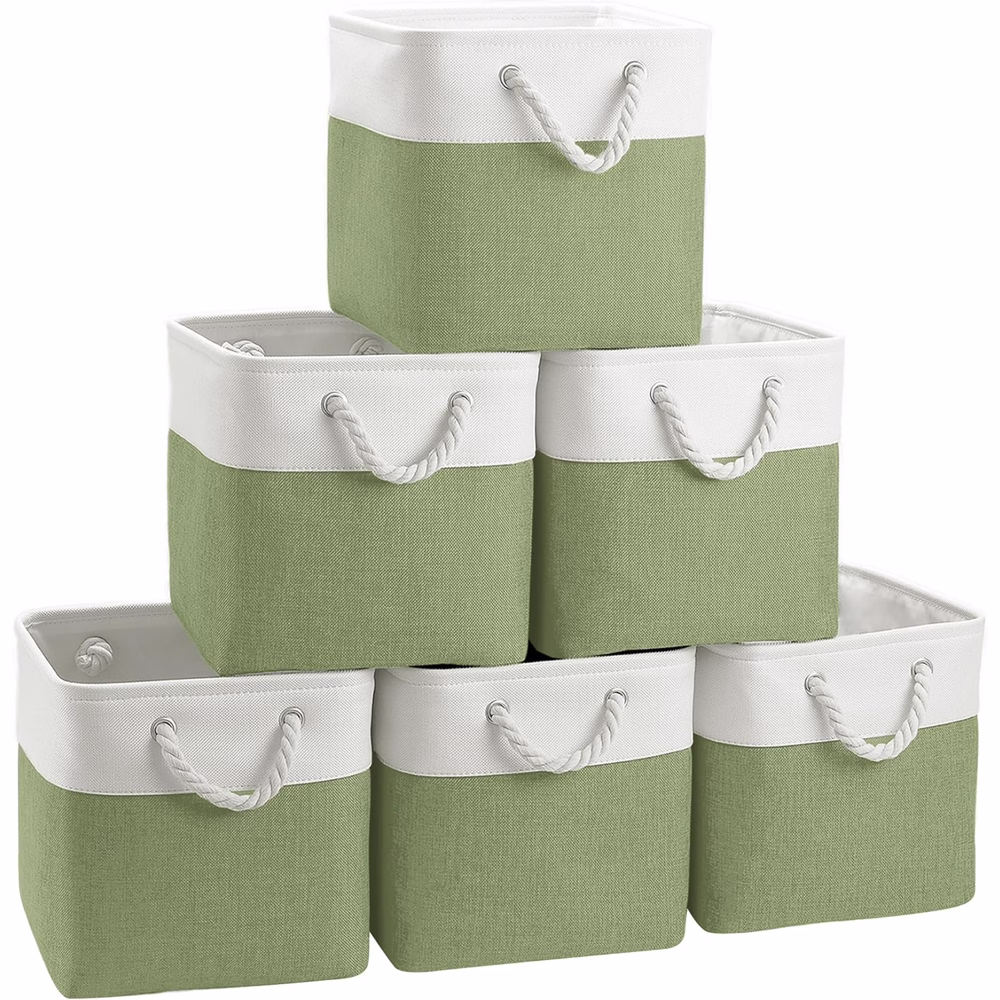 Fabric Cubes Storage Basket, 6 Pack 11x11 in with Handles Foldable Cube Storage Bins, for Shelves, Home, Office, Nursery Organizers (White/ Green)