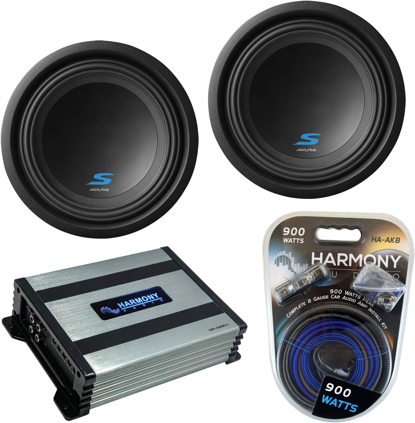 Alpine (2) S-W10D2 Car Audio Type S Series Sub 1200W Peak 10" Subwoofer Bundle with Harmony HA-A400.1 Amplifier & Amp Kit