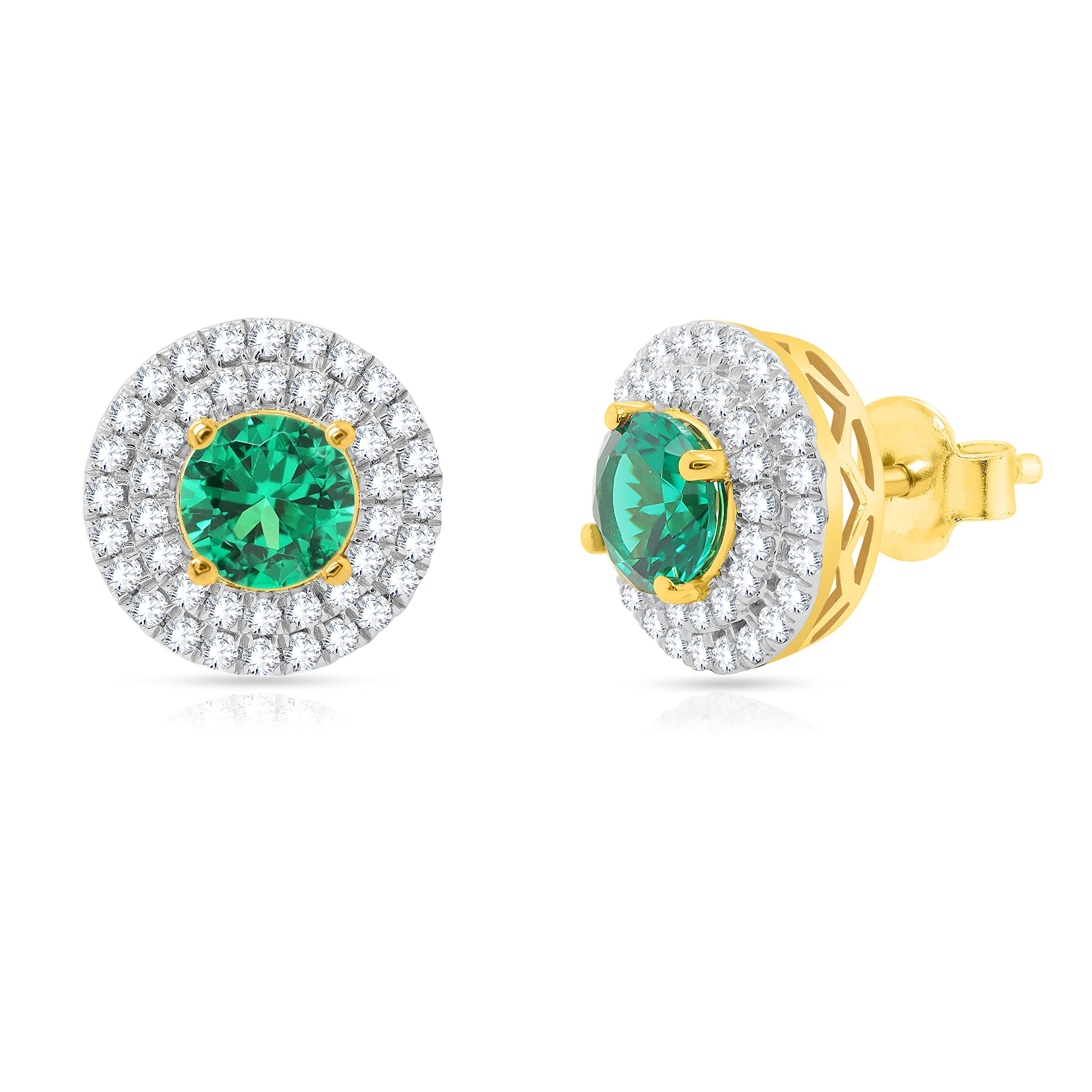 3 Carat Round Green Emerald and Natural Diamond Double Halo Stud Earrings Jewelry Gift for Female Girls Teen in 18K Yellow Gold Plated (3 Cttw