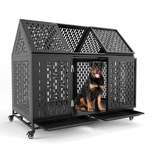 52 Inch Heavy Duty Dog Crate Extra Large Dog Cage, Indestructible XXL Dog Crate Kennel with Open Roof Top, Trays and Wheels