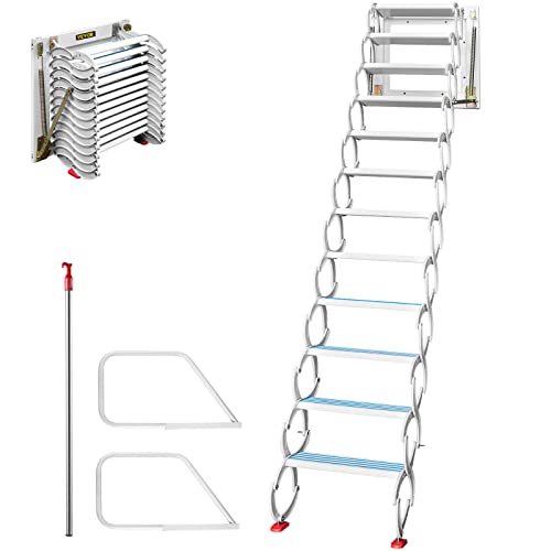 VEVOR Attic Steps Pull Down 12 Steps Attic Stairs, Alloy Attic Access Ladder, Blue Pulldown Attic Stairs, Wall-mounted Folding Stairs for Attic