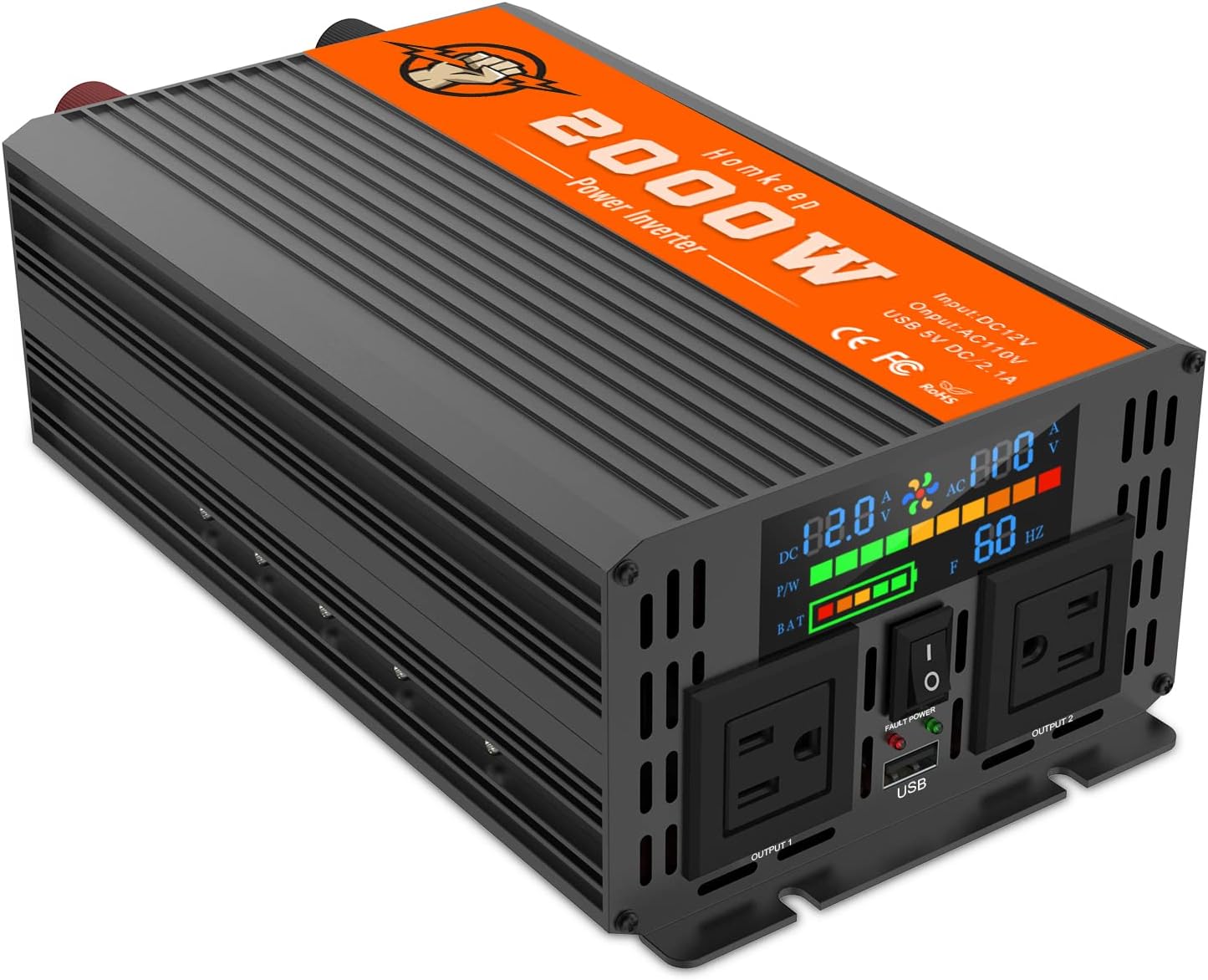 Power Inverter 2000 Watts 12V to 110V, Modified Sine Wave DC to AC Car/Home Converter, Dual 110V AC Outlets, USB Port, LED Display for Home, Outdoor