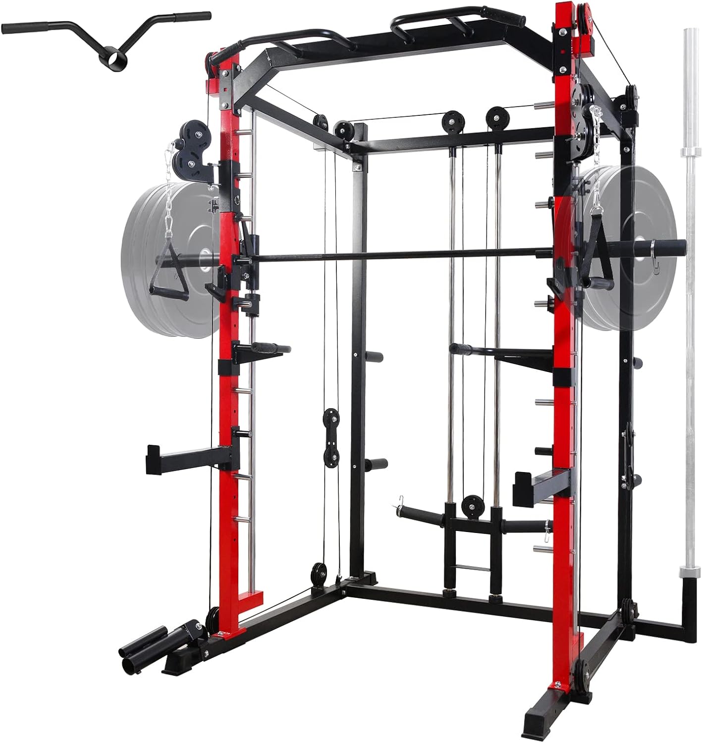 Mikolo Smith Machine, Multi-Functional Power Cage with LAT Pulldown System, Weight Cage Squat Rack with Weight Bar, Landmine, Dip Bars