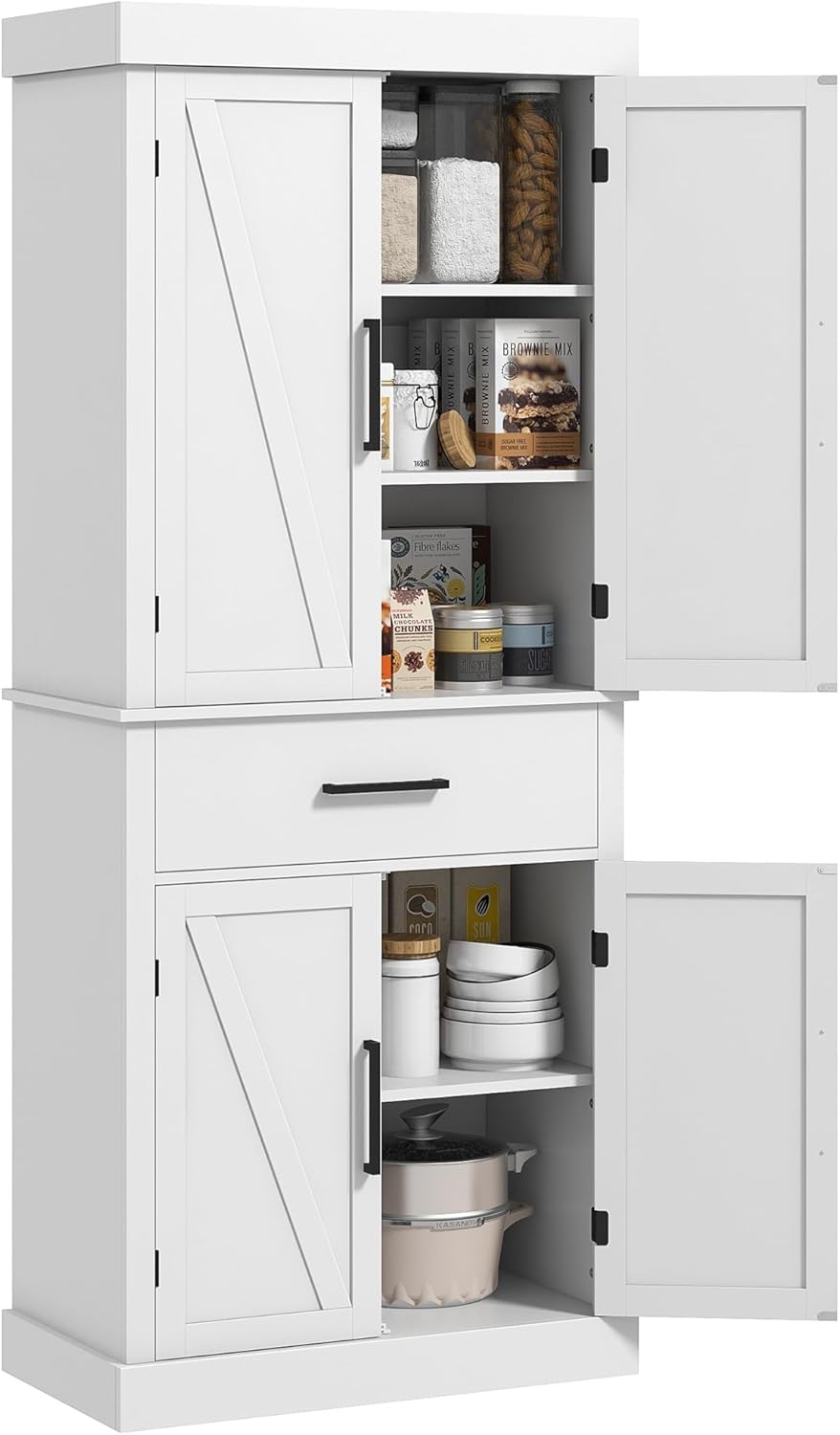 HOMCOM 72" Tall Kitchen Pantry Storage Cabinet, Farmhouse Freestanding Kitchen Cabinet with 4 Barn Doors, Drawer, 5-Tier Shelf and Adjustable Shelves