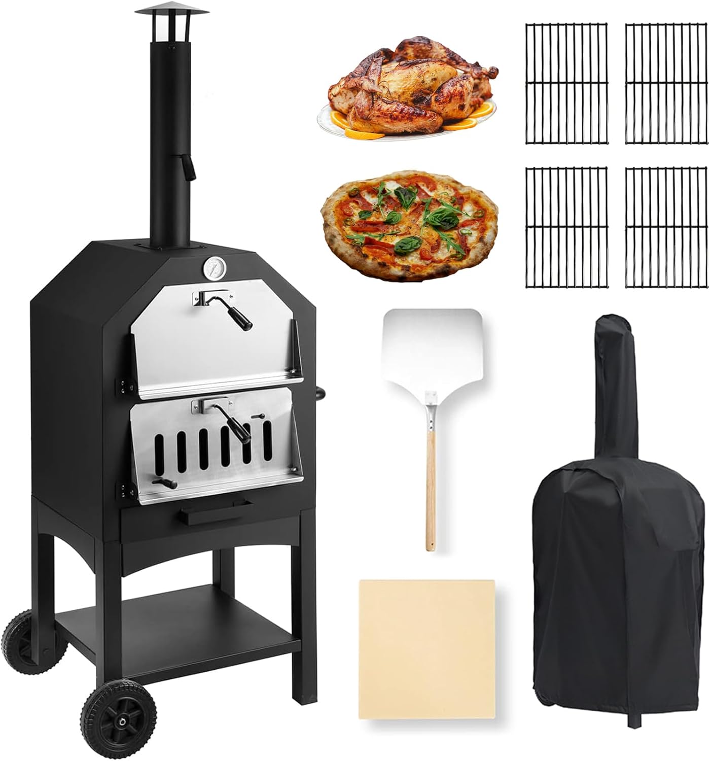 Pizza Oven Outdoor, Wood-Fired Pizza Oven 63" Height Patio Pizza Maker with Pizza Stone, Pizza Peel