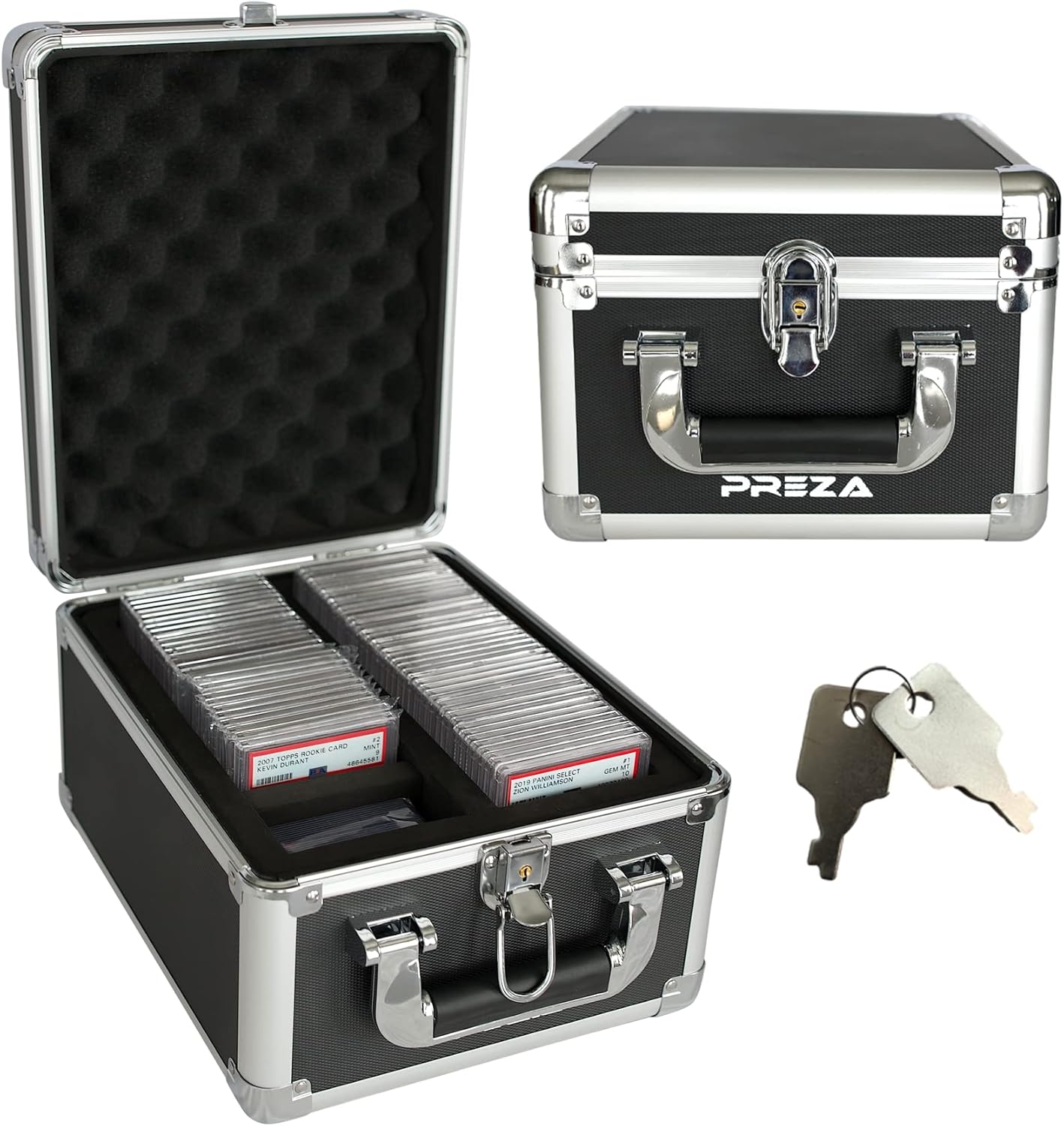 PREZA Trading Card Case - Graded Card Storage Box Display for Sports Card Collection Compatible with PSA and BGS (Black/Silver)