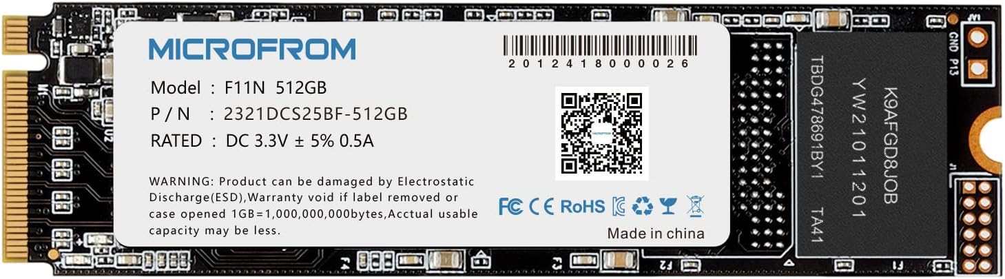 MICROFROM 512GB F11N M.2 SSD NVME PCIe SSD Internal Solid State Drive PCIe Gen3X4, M.2 NVMe 1.3, SSD M.2 TLC NAND Flash Up to Read/Write 1,600/1