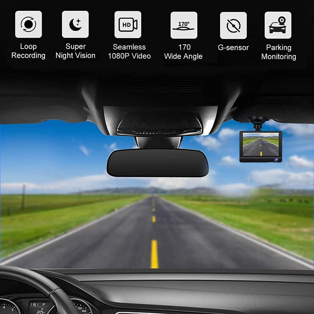 3 Channel Dash Cam Front and Rear Inside 1080P+720P+720P Dual Dash Cam for Cars Triple Three Way Driving Recorder 4" car Camera with Night Vision